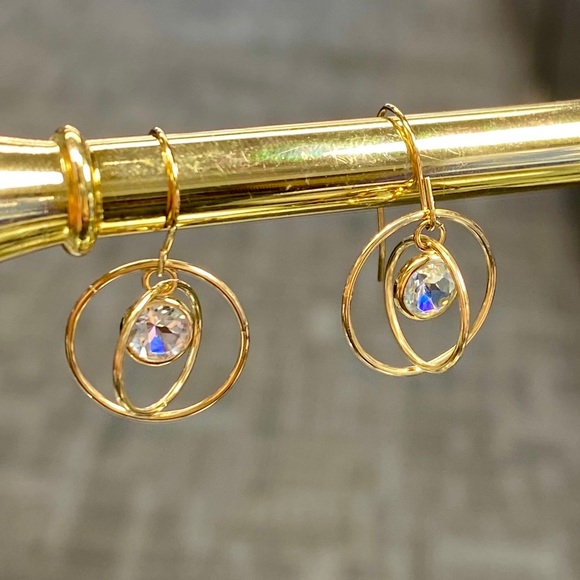 10k Yellow Gold 2 Carat Morganite Orbiting Dangle Saturn Rotating Drop Earrings - Picture 14 of 15